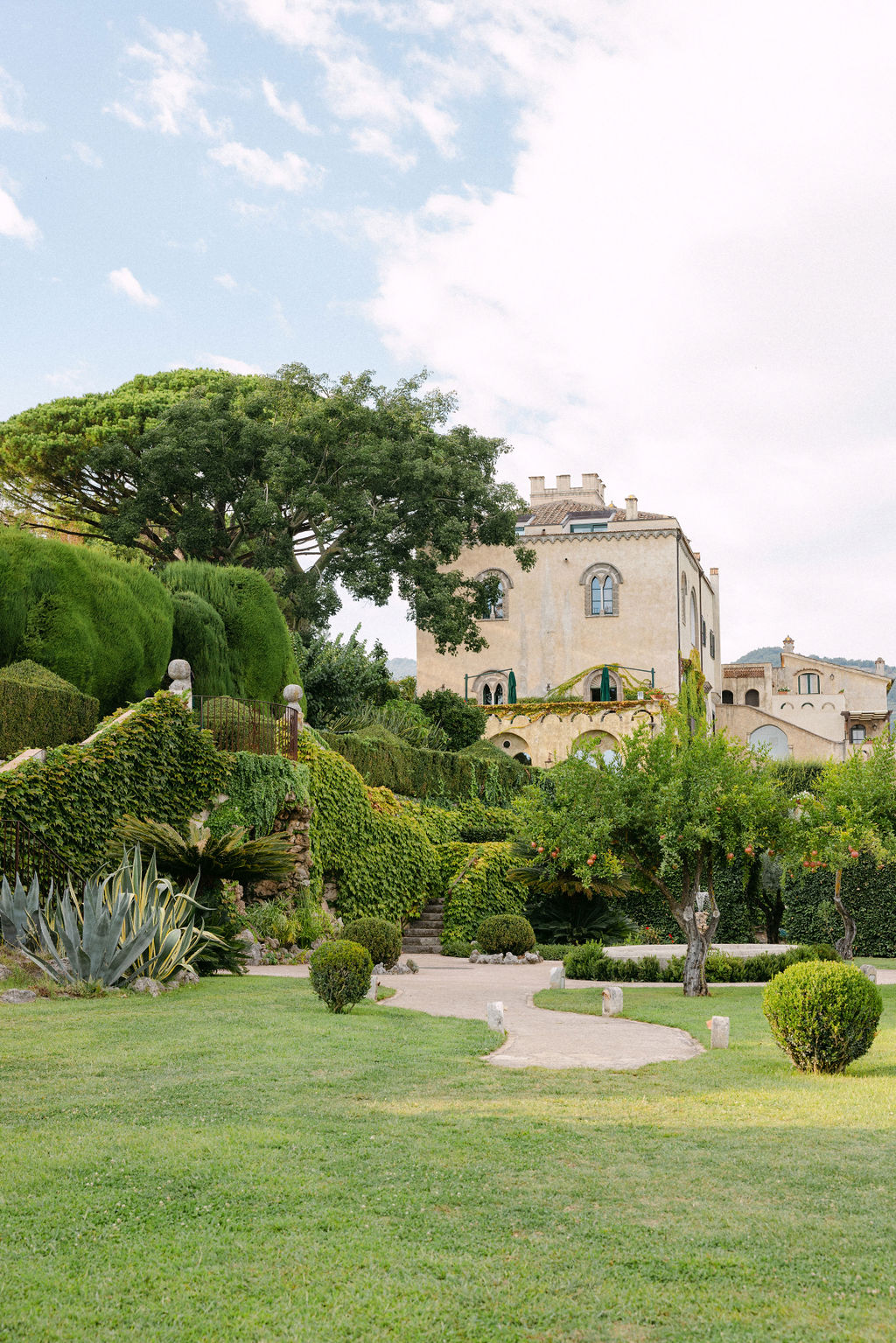 view of gardens and historical buildings at Villa Cimbrone wedding venue